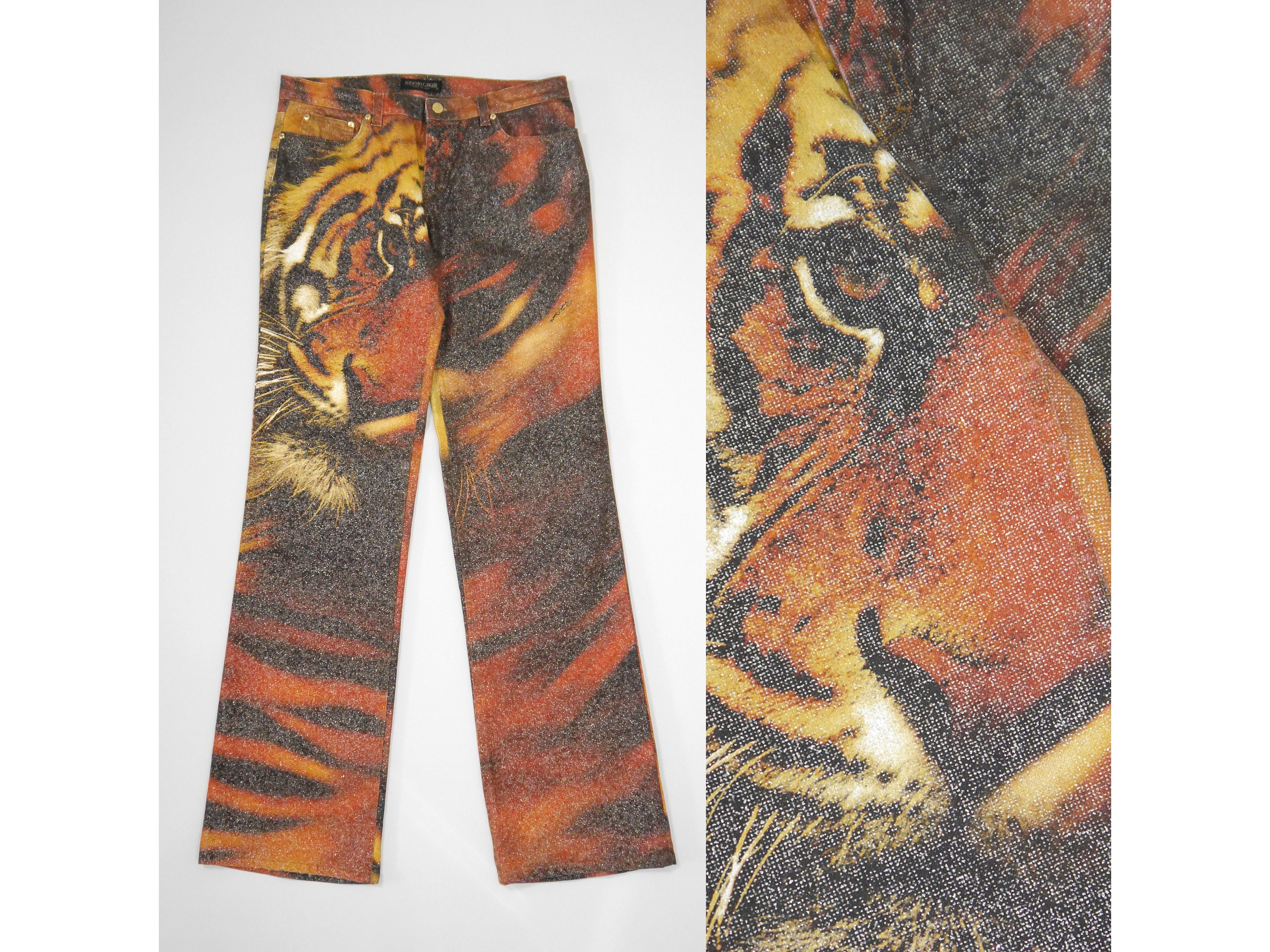 ROBERTO CAVALLI Fall 2000 Vintage Tiger Print Denim Pants W