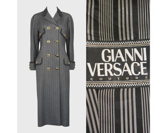 GIANNI VERSACE Fall 1993 Vintage Maxi Coat w/ Medusa Buttons Gray Pinstripe Runway Design 1990s Fashion Size Small US 6