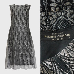 PIERRE CARDIN c. 1970s Vintage Metallic Silver Lamé Black Lace Midi Evening Dress Peacock Art Deco 1920s Inspired Size Medium US 8