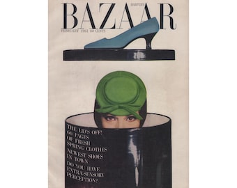 Revista de moda vintage Harper's BAZAAR US de febrero de 1961, década de 1960, retro, cumpleaños, aniversario, regalo de Navidad, fotos, anuncios.
