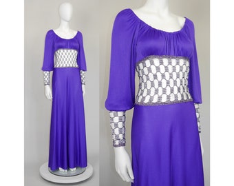 LORIS AZZARO 1970s Vintage Purple Jersey Silver Crochet Chainmail Maxi Evening Gown Dress Bare Midriff Size Small US 6