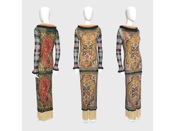 Jean Paul Gaultier, JEAN PAUL GAULTIER Fall 1999 Vintage Printed Mesh Maxi Dress & Underdress w/ Tubular Details Collar Cuffs Ethnic 1990s Archival Size L Large