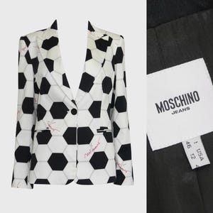 MOSCHINO 1990s 2000s Vintage Soccer Ball Football Print Jacket Tailored Denim Blazer Fan Item Collectible Size Medium US 8