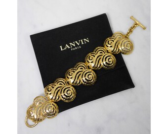 LANVIN Vintage Gold-Tone Ornamental Openwork Bracelet 1980s 1990s Statement Jewelry