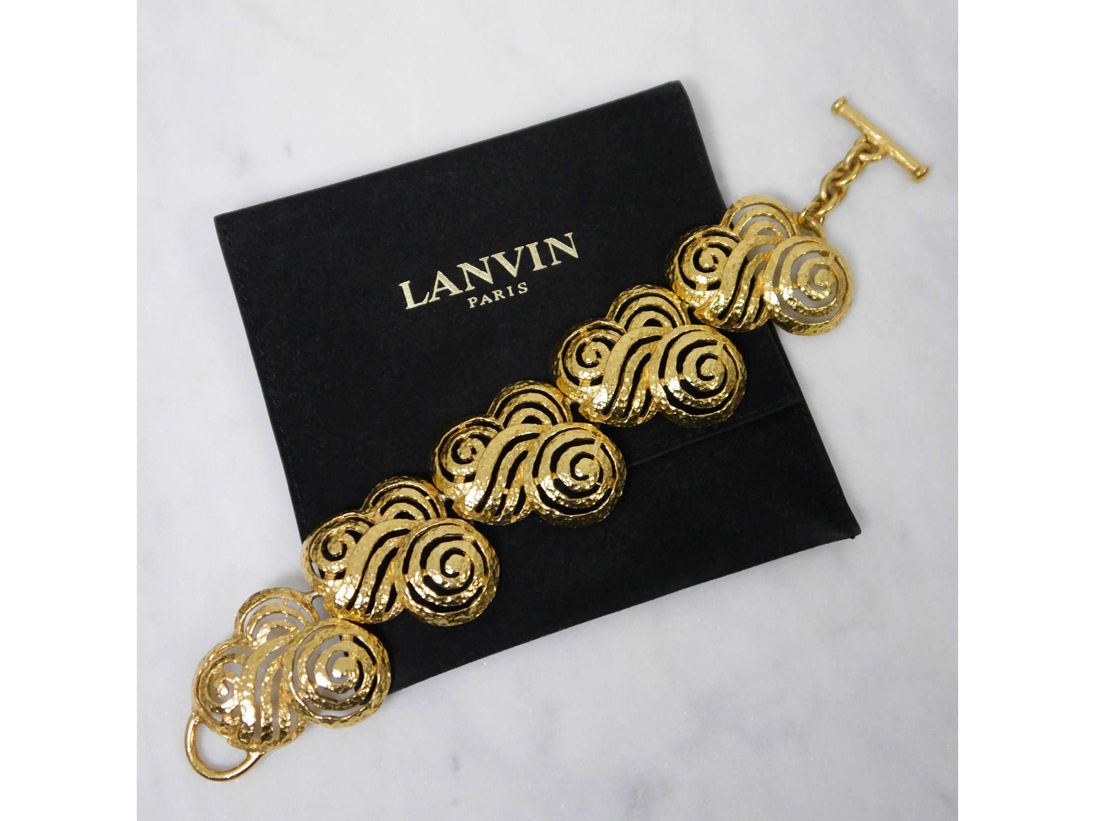 LANVIN Vintage Gold-Tone Ornamental Openwork Bracelet 1980s 1990s Statement Jewelry