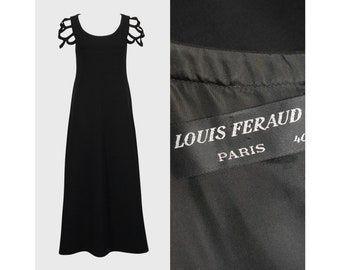 Louis Féraud 1960s 1970s Vintage Black Maxi Dress w/ Openwork Sleeves Minimalist Evening Gown Size Medium US 8