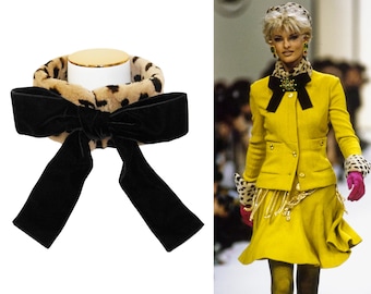 CHANEL by Karl Lagerfeld Fall 1991 Sheared Mink Fur Animal Print Accessory Collar Velvet Bow 1990s Vintage