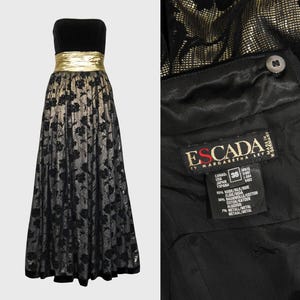 ESCADA 1980s Vintage Gold Lamé & Black Velvet Maxi Evening Dress Ball Gown Margaretha Ley Floral Rose Pattern Size Small US 6