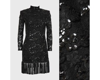 EMANUEL UNGARO Parallèle c. Fall 1992 1990s Vintage Fringed Lace Sequined Beaded Cocktail Evening Mini Dress Black Gown Size XS Us Size 2-4