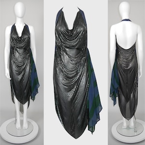 GIANNI VERSACE c. 1984 Vintage Oroton Metal Mesh Chainmail Open Back Halterneck Evening Dress Silver Ruthenium Black 1980s Size IT 42 Small