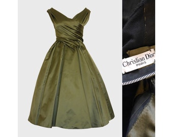 Christian Dior Fall 1957 Haute Couture "Venezuela" Draped Silk Evening Dress 1950s Gown Olive Green Size XXS-XS D 32-34