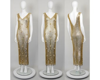 PACO RABANNE 1970s Vintage Gold-Tone Chain Mail Maxi Dress Disc Gown Gold Space Age Mini Party Dress Size Small