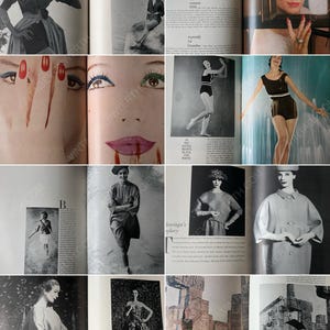 Puede incluir: Una p&aacute;gina de revista vintage que presenta fotograf&iacute;a de moda y art&iacute;culos. Las im&aacute;genes muestran modelos que visten varios estilos de ropa, incluyendo un vestido blanco, un traje de ba&ntilde;o negro y un abrigo gris. El texto en la p&aacute;gina incluye las palabras "especialmente para el verano de 1959" y "en el agua, marr&oacute;n, negro y blanco".