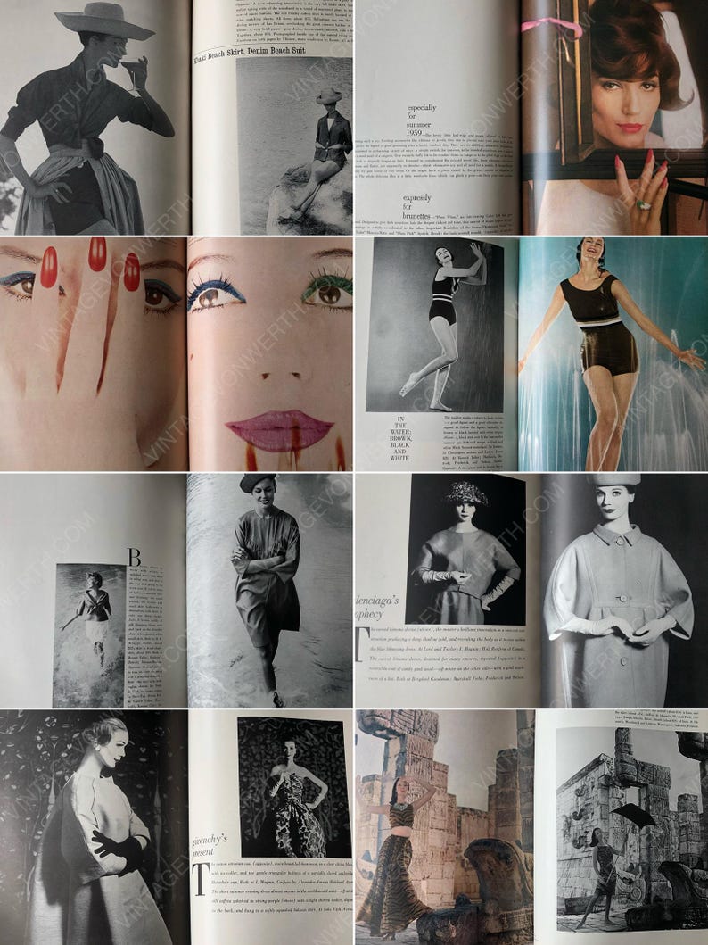 Puede incluir: Una p&aacute;gina de revista vintage que presenta fotograf&iacute;a de moda y art&iacute;culos. Las im&aacute;genes muestran modelos que visten varios estilos de ropa, incluyendo un vestido blanco, un traje de ba&ntilde;o negro y un abrigo gris. El texto en la p&aacute;gina incluye las palabras "especialmente para el verano de 1959" y "en el agua, marr&oacute;n, negro y blanco".