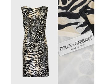 DOLCE & GABBANA Spring 1996 Vintage Animal Print Raw Silk Dress Size Medium US 8