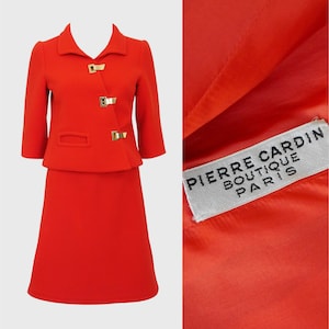 PIERRE CARDIN c. 1967 Cosmocorps Collection Documented 1960s Vintage Suit Skirt & Jacket Space Age Red Size XS Us 2-4