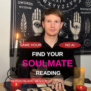 May include: A person in a black shirt sits before a black tapestry featuring palmistry hands and text. The image includes the text SAME HOUR, NO AI, FIND YOUR SOULMATE READING, and NORDIC/SLAVIC MENTOR, alongside lit candles and tarot cards.