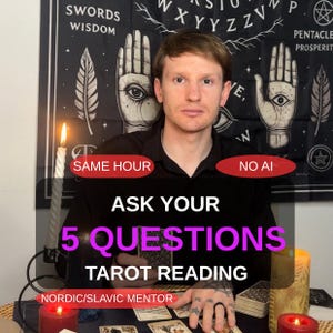 May include: A person in a black shirt performs a tarot reading with cards spread on a surface. Text overlays read SAME HOUR, NO AI, ASK YOUR 5 QUESTIONS TAROT READING, and NORDIC/SLAVIC MENTOR. A black tapestry with white hand and eye symbols hangs behind.