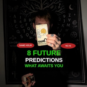 May include: A tarot card showing the Ace of Pentacles held in front of a black tapestry with white symbols. Text on the image reads: SAME HOUR, NO AI, 8 FUTURE PREDICTIONS, WHAT AWAITS YOU. The card features a hand holding a gold coin.