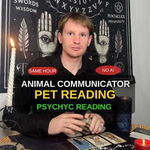 May include: A person in a black shirt sits before tarot cards and candles. Text overlays read: SAME HOUR, NO AI, ANIMAL COMMUNICATOR PET READING, PSYCHYC READING. A black tapestry with white hand and eye illustrations hangs in the background.