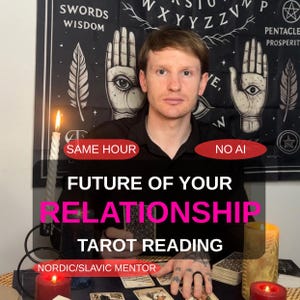May include: A person in a black shirt sits before a black tapestry with palmistry illustrations. Text reads: SAME HOUR, NO AI, FUTURE OF YOUR RELATIONSHIP TAROT READING, NORDIC/SLAVIC MENTOR. Candles and tarot cards are arranged on the table surface.