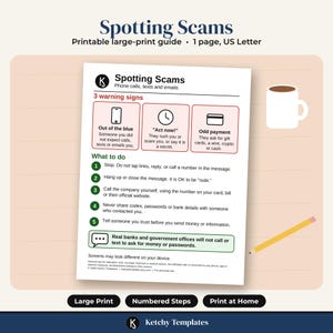Spotting Scams Guide for Seniors, Large Print Printable, Phone Text & Email Tips
