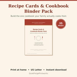 May include: A Recipe Cards & Cookbook Binder Pack with 35 pages, featuring a red and cream color scheme. The document includes section dividers, blank recipe cards, full-page recipe sheets, a recipe index, and kitchen conversion charts.