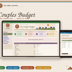 Pode incluir: Um planejador de orçamento digital para casais exibido em uma tela de laptop e smartphone. A interface apresenta guias para renda, contas e despesas, com o texto 'Couples Budget', 'Our Couples Budget' e 'Sam owes Jordan $87.55'.