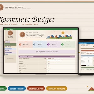 Könnte beinhalten: Ein digitaler Haushaltsplaner für Wohngemeinschaften auf einem Laptop- und Smartphone-Bildschirm. Die Benutzeroberfläche zeigt den Text Roommate Budget, Split Rent & Bills und No Awkward Math sowie Bereiche für Miete und monatliche Rechnungen.
