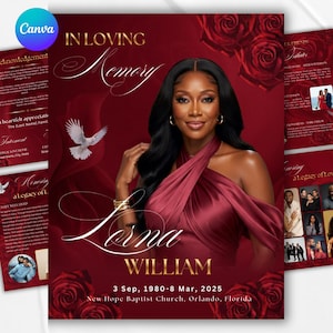 May include: A funeral program template featuring a deep red background with roses, a white dove, and a portrait of a person in a maroon dress. Text includes In Loving Memory, Lorna William, 3 Sep, 1980-8 Mar, 2025, and New Hope Baptist Church, Orlando, Florida.