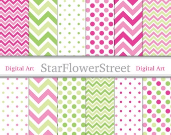 May include: A collection of digital art patterns in pink, green, and white. The patterns include chevron stripes and polka dots. The text "Digital Art StarFlowerStreet Digital Art" is displayed at the bottom of the image.