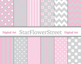 Sophisticated Baby Girl Pink & Gray Digital Paper -soft pink grey white polka dot chevron flower striped scrapbook 8.5x11 - Instant Download