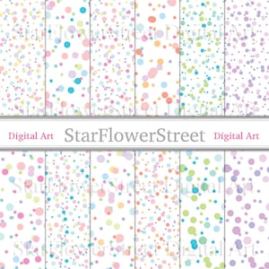 May include: Digital art featuring a collection of colorful polka dot patterns on a white background. The dots are in various pastel shades, including pink, blue, yellow, and green. The text "StarFlowerStreet" and "Digital Art" are also visible.