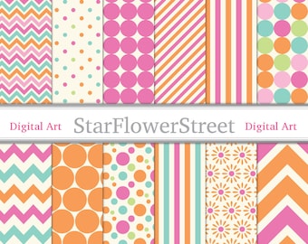 May include: A set of 10 digital paper patterns featuring various geometric designs in pink, orange, teal, and white. The patterns include polka dots, stripes, chevron, and floral designs. The text "StarFlowerStreet Digital Art" is displayed at the top of the image.
