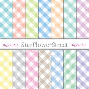 May include: Set of 12 digital paper patterns featuring a gingham check design in various pastel colours, including light blue, pink, yellow, green, and grey. StarFlowerStreet Digital Art.
