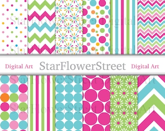 May include: Digital paper pack with 10 different patterns. The patterns include polka dots, stripes, zigzags, and floral designs. The colors are pink, green, blue, and orange.