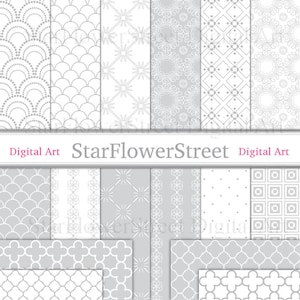 May include: A set of 12 digital papers featuring gray and white geometric patterns. The patterns include stars, flowers, dots, and squares.