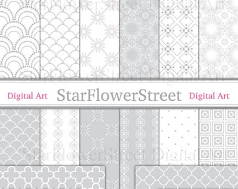 May include: A set of 12 digital papers featuring gray and white geometric patterns. The patterns include stars, flowers, dots, and squares.