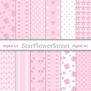 Pode incluir: Uma coleção de papéis digitais rosa com vários padrões, incluindo borboletas, bolinhas, flores e listras. O texto "Digital Art" e "StarFlowerStreet" são visíveis. Adequado para scrapbooking e projetos de artesanato.