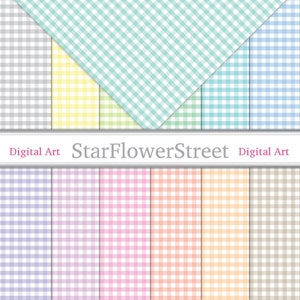May include: A set of 10 digital paper patterns featuring a gingham design in various pastel colors, including gray, yellow, green, blue, purple, pink, orange, and brown. The patterns are perfect for crafting, scrapbooking, and digital design projects.