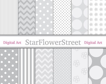 Gray Pattern Digital Paper - Soft Grays and White Polka Dot, Chevron, Flower, Scrapbook, Card Making 12x12 12 x 12 instant download