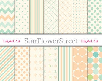 Mint Green and Peach Digital Paper Scrapbook - polka dots stripe pattern background 12x12 patterns scrapbooking create wedding shower baby