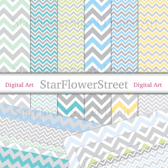 Gray Chevron Digital Paper Blue Yellow Green Aqua Etsy