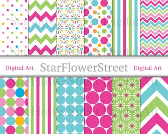 May include: A set of 10 digital papers featuring various patterns in pink, blue, green, and white. The patterns include polka dots, stripes, chevron, and floral designs. The text "StarFlowerStreet Digital Art" is included in the image.