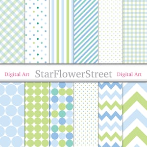 Baby Digital Paper Blue Green patterned baby boy scrapbook background -- gingham dot chevron patterns boy 90 -- Instant Download