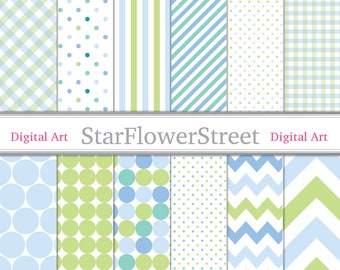 Bebé Digital papel azul verde estampado bebé niño álbum de recortes fondo - guinga punto chevron patrones niño 90 - Descarga instantánea