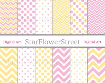 Pink and Yellow Digital Paper chevron polka dot girl DIY baby shower party decoration scrapbook background summer download printable 8.5 11