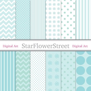 May include: A set of 10 digital paper patterns in blue and white. The patterns include chevron, polka dots, stripes, and floral designs.