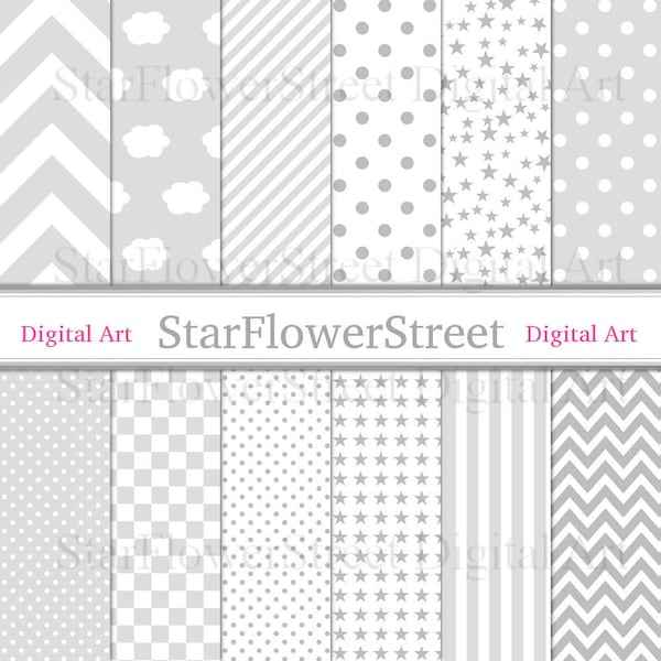 Gray, Digital Paper, Baby, Boy, grey, scrapbook, star, chevron, pale, soft, checkered, polka dot, cloud, stripe, patterns,printable,download