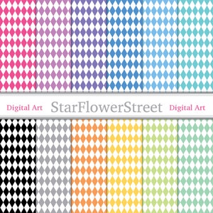 May include: A set of 12 digital paper patterns featuring a white diamond pattern on a variety of coloured backgrounds, including pink, purple, blue, black, grey, orange, yellow, green, and turquoise. The patterns are seamless and can be used for scrapbooking, card making, and other craft projects. Digital Art StarFlowerStreet